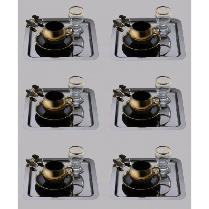 Siyah Kelebek Aksesuarlı Paslanmaz Çelik 6 Adet kare Siyah Sunum Servis Tepsisi