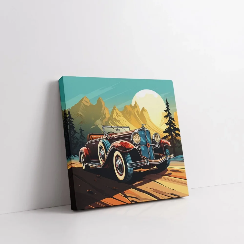 Dağ Manzarası ve Araba Kare Kanvas Tablo