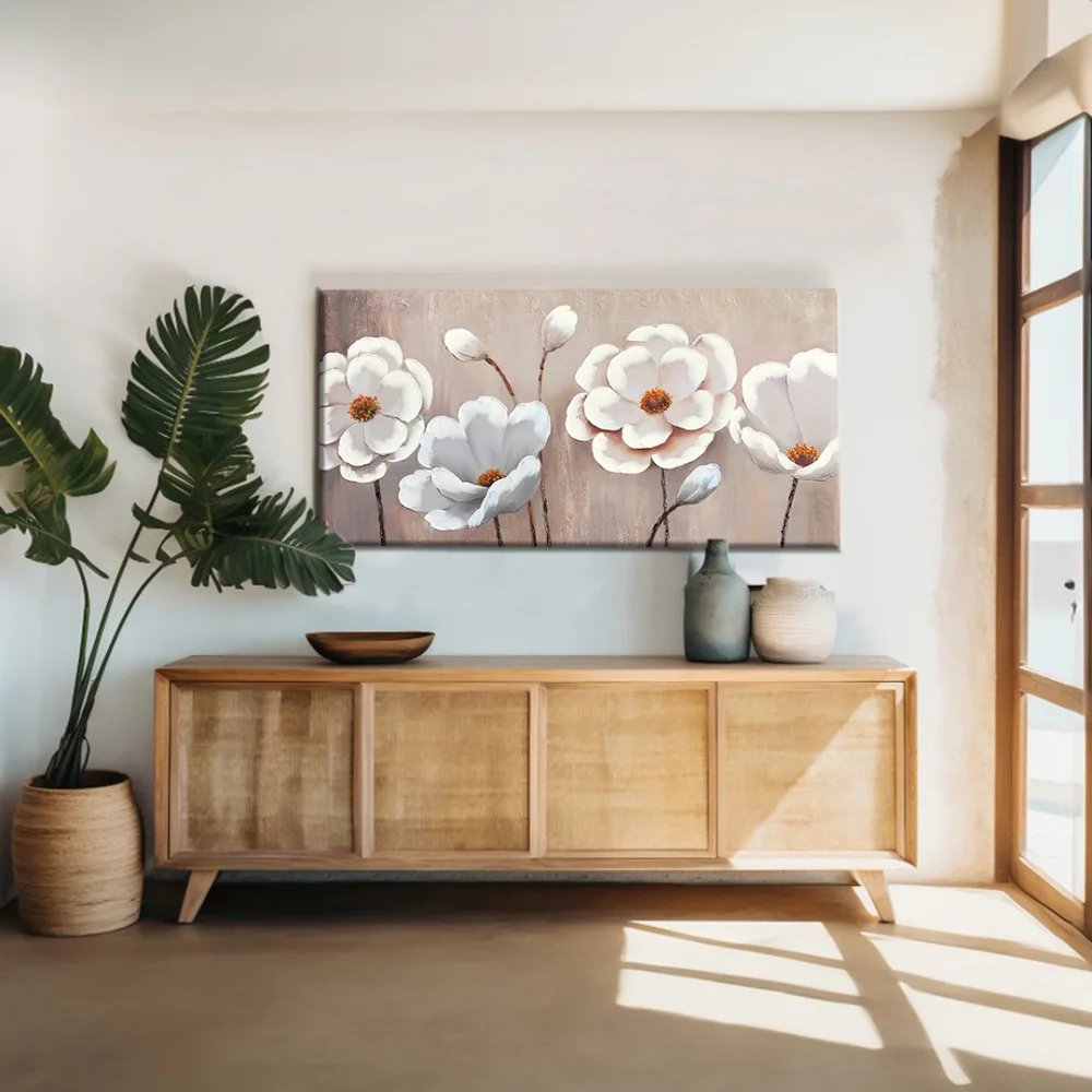 Beyaz Yapraklı Çiçek Kanvas Tablo