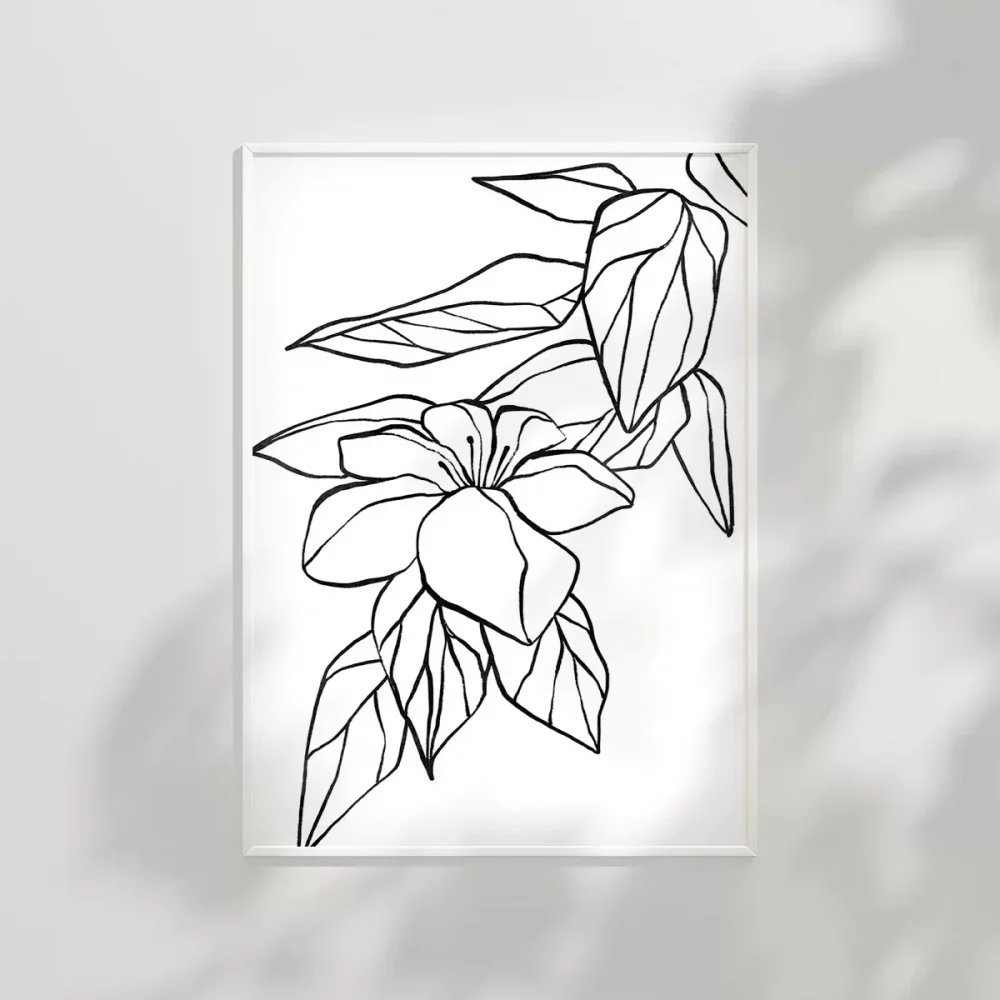 El Çizimi Çiçek ve Yaprak Motifli Minimalist Poster