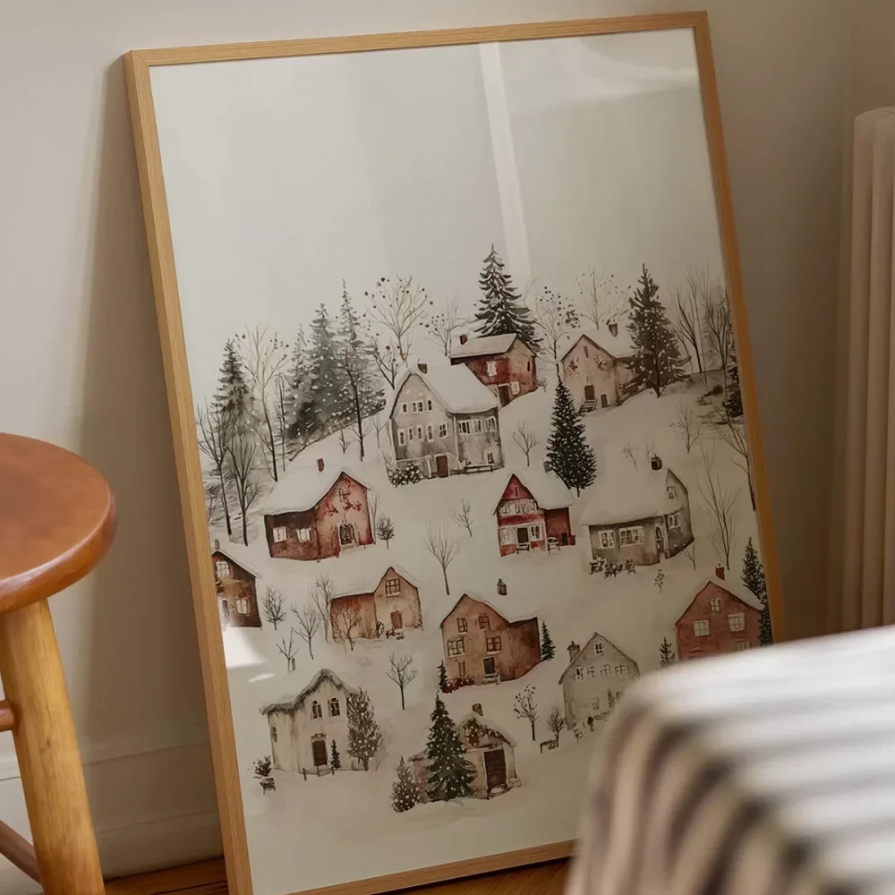 Karlar Altında Sıcak Köy Evleri Poster