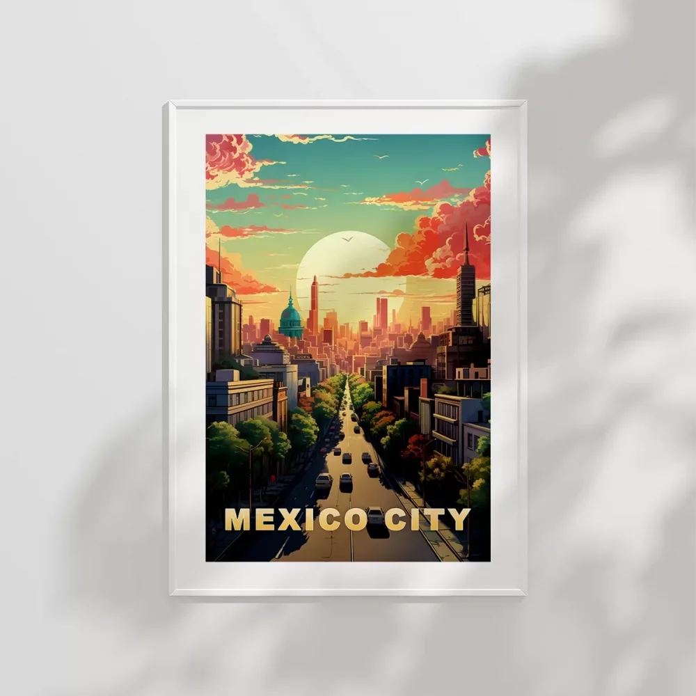 Mexico City Gün Batımı ve Şehir Silüeti Poster