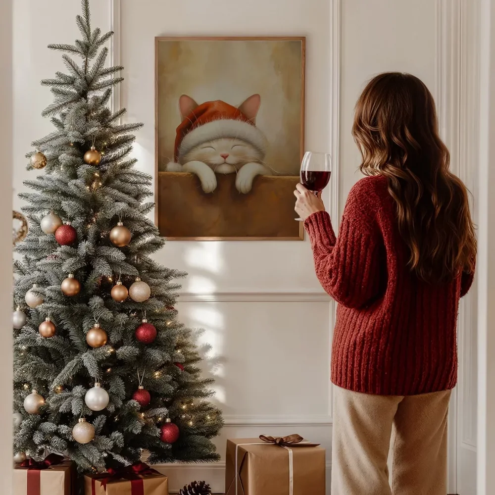 Noel Şapkasıyla Mutlu Kedi Poster
