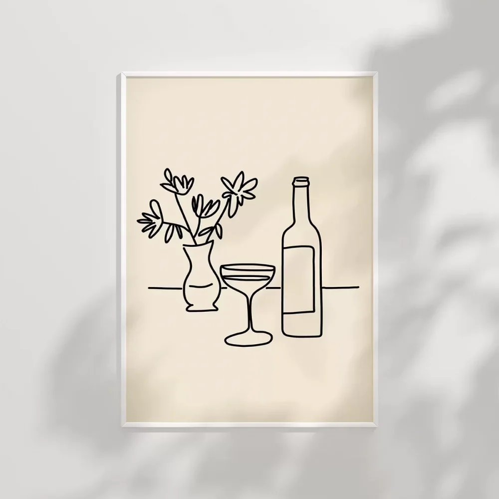 Şarap Şişesi ve Çiçek Vazosu Line Art Poster