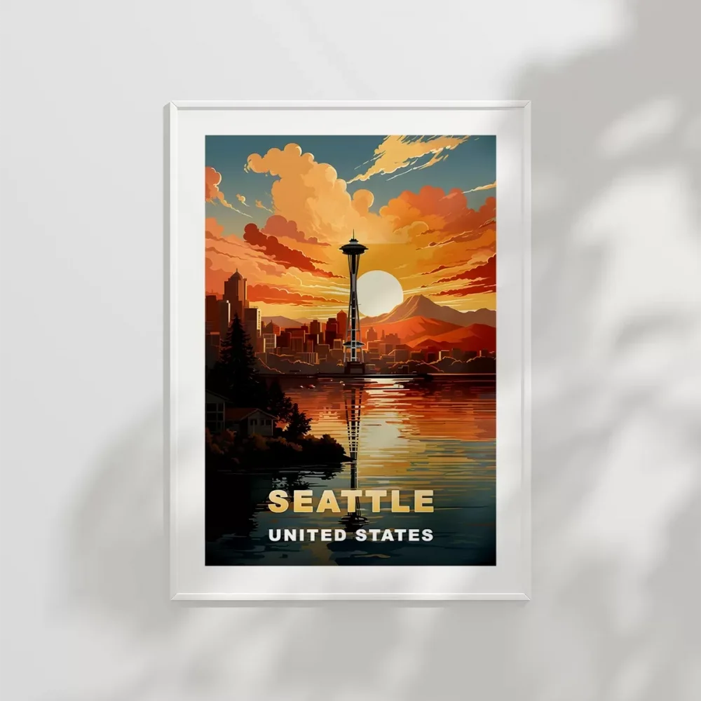 Space Needle ile Gün Batımı Poster
