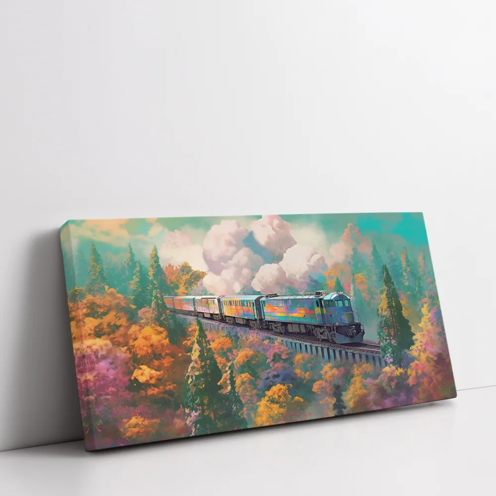 Pembe Çiçekler ve Tren Panoramik Yatay Kanvas Tablo