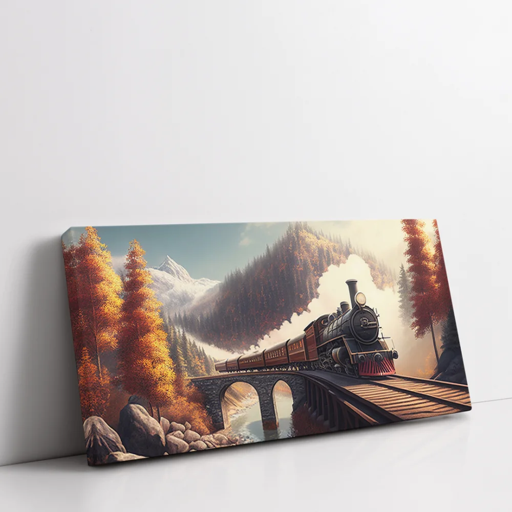 Sonbahar Treni Köprü Panoramik Yatay Kanvas Tablo