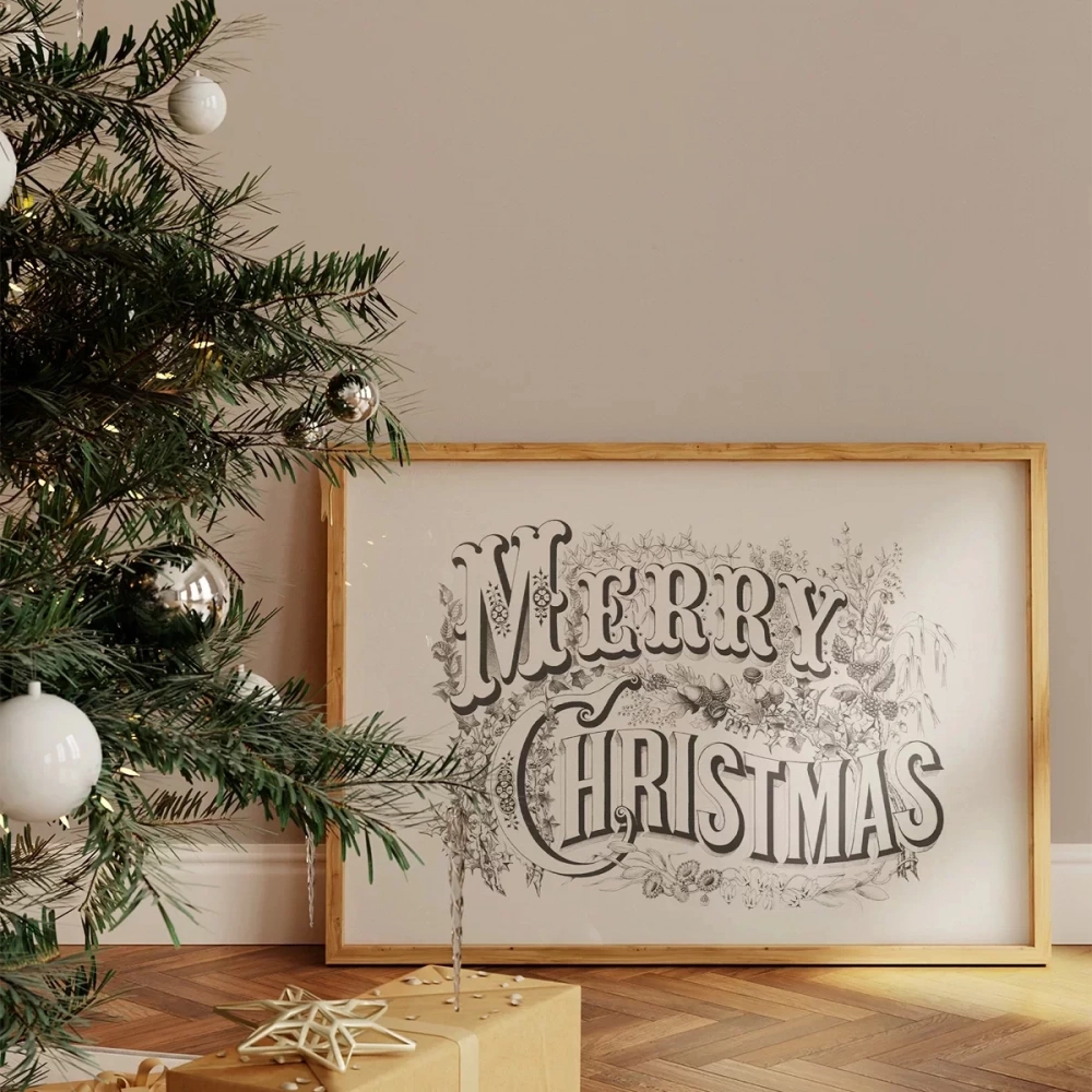 Çerçevesiz Poster Merry Christmas Vintage Tipografi