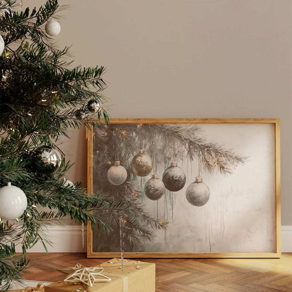 Çerçevesiz Poster Işıklarla Süslenmiş Çamlar