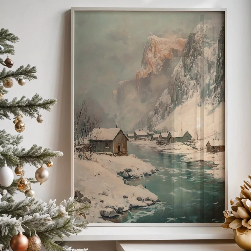 Çerçevesiz Poster Nehir Kenarında Dağ Evi