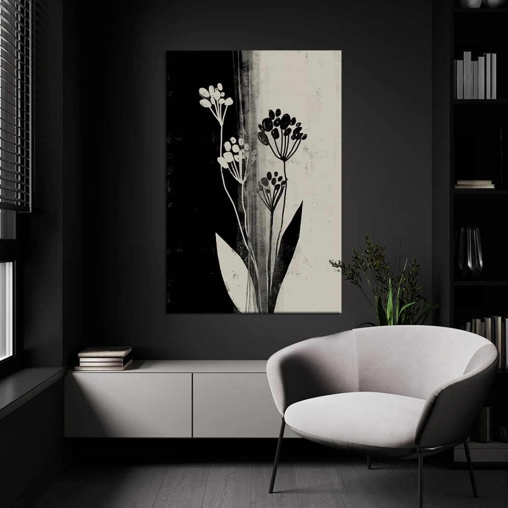 Siyah Beyaz Çiçekli Kanvas Tablo
