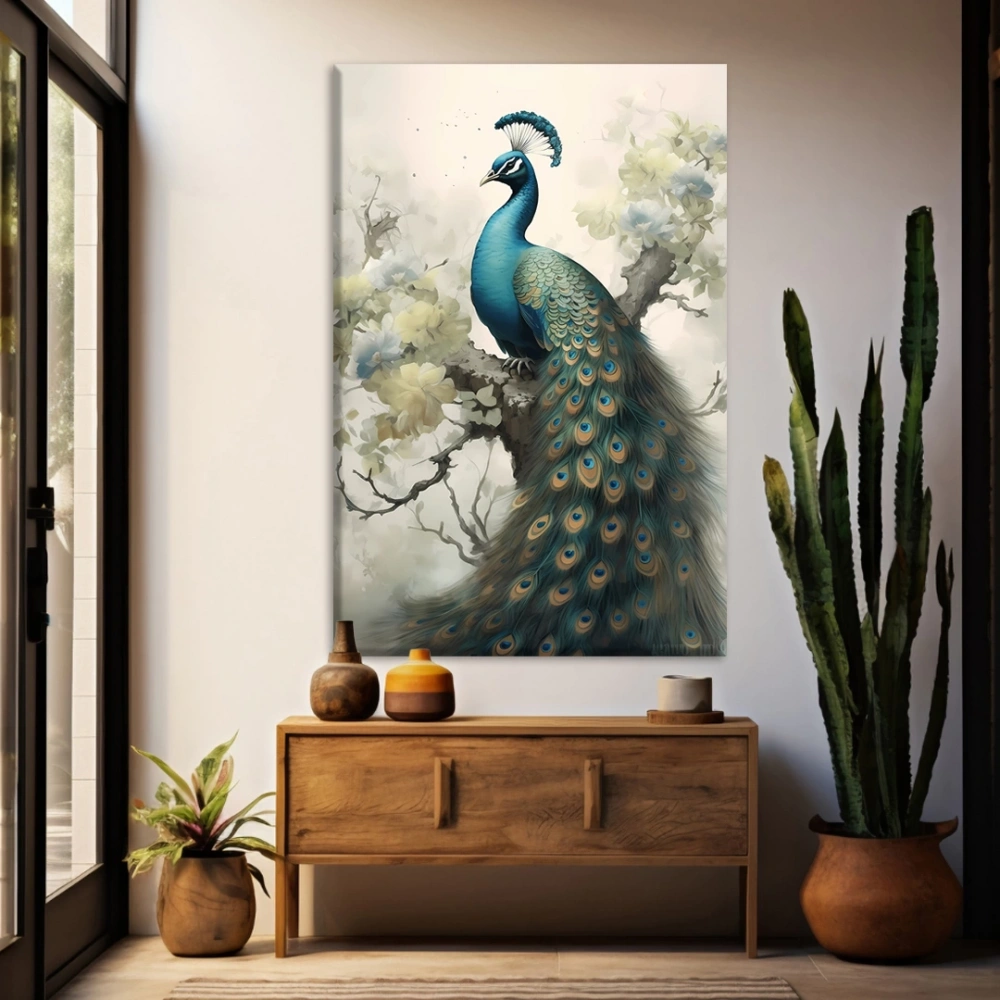 Çicek Dalı Tavus Kuşu Kanvas Tablo