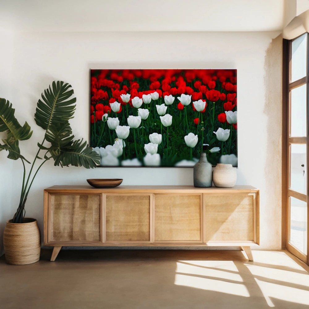Kırmızı Beyaz Lale Bahçesi Kanvas Tablo