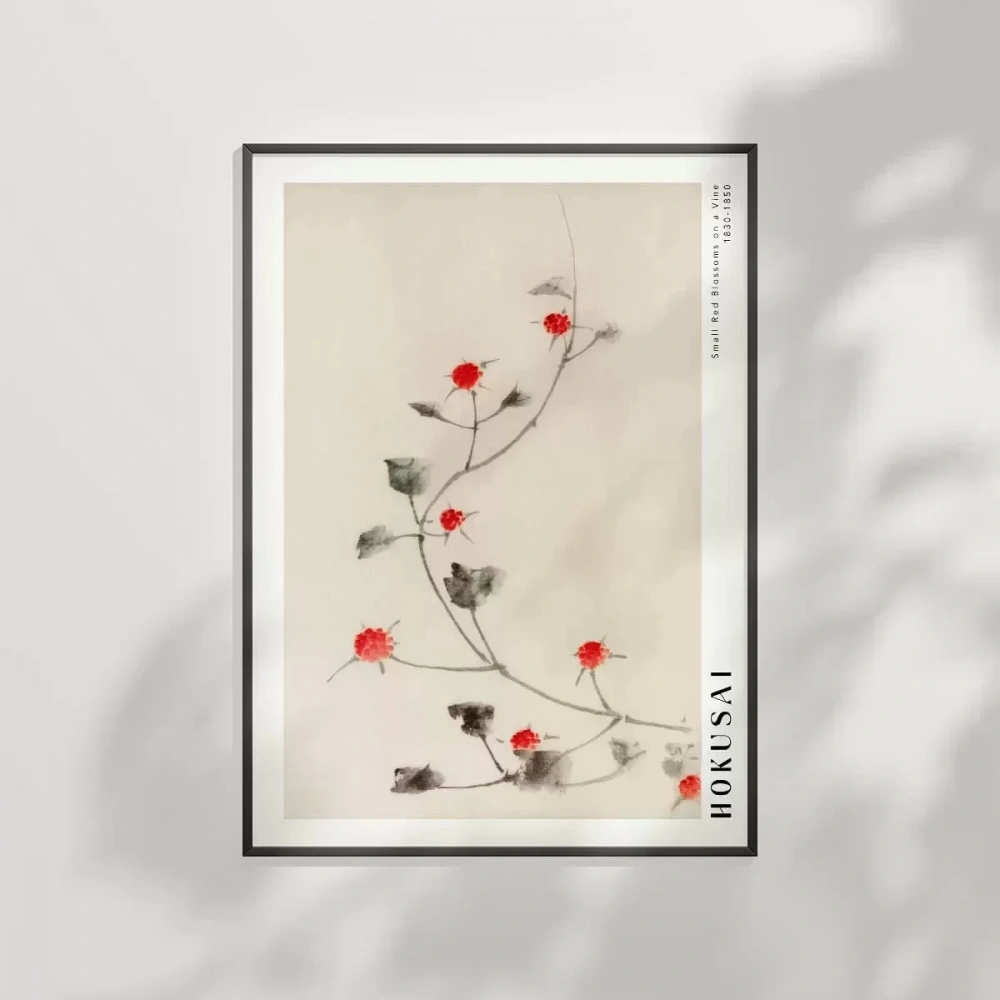 Hokusai Asma Üzerinde Küçük Kırmızı Çiçekler Poster