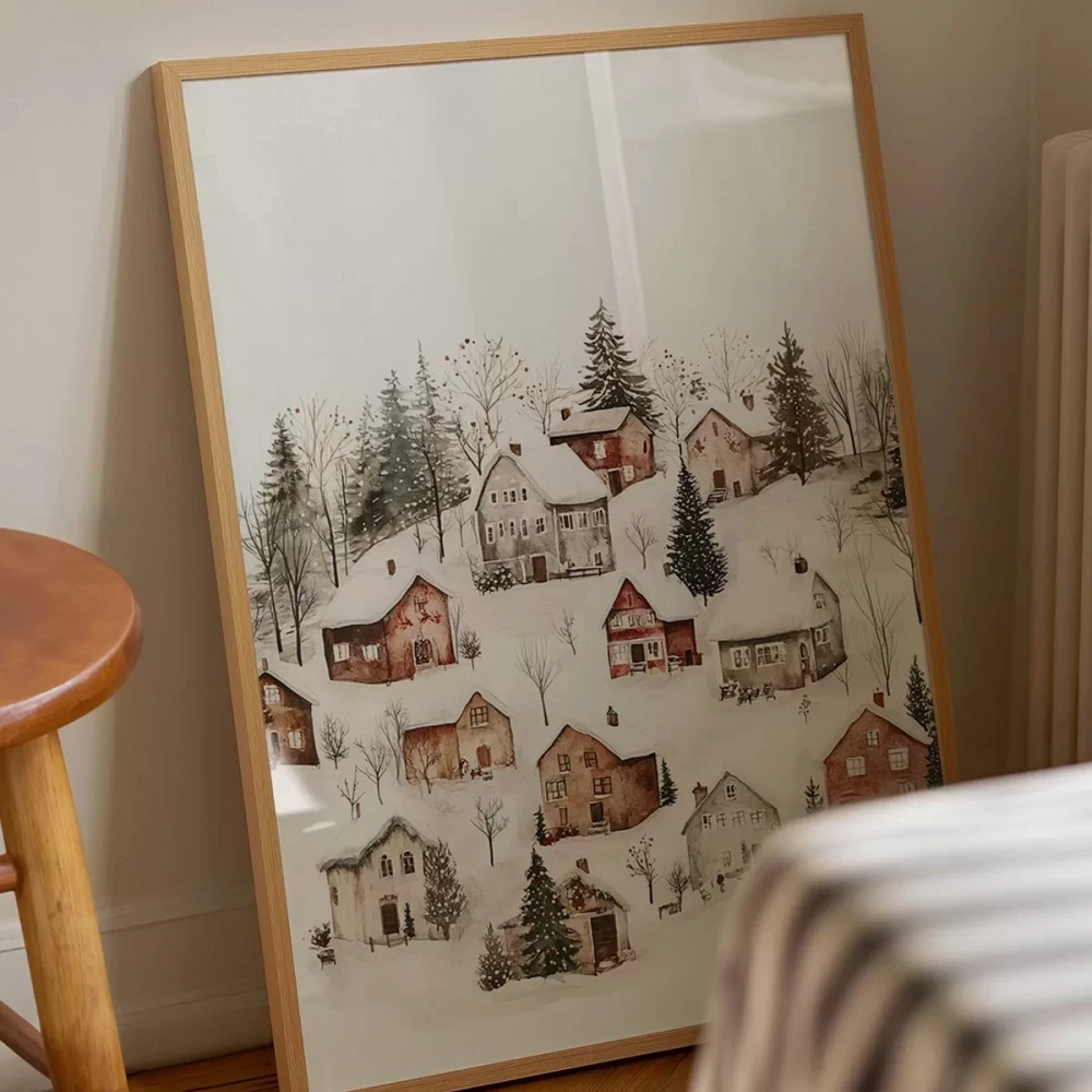 Karlar Altında Sıcak Köy Evleri Poster