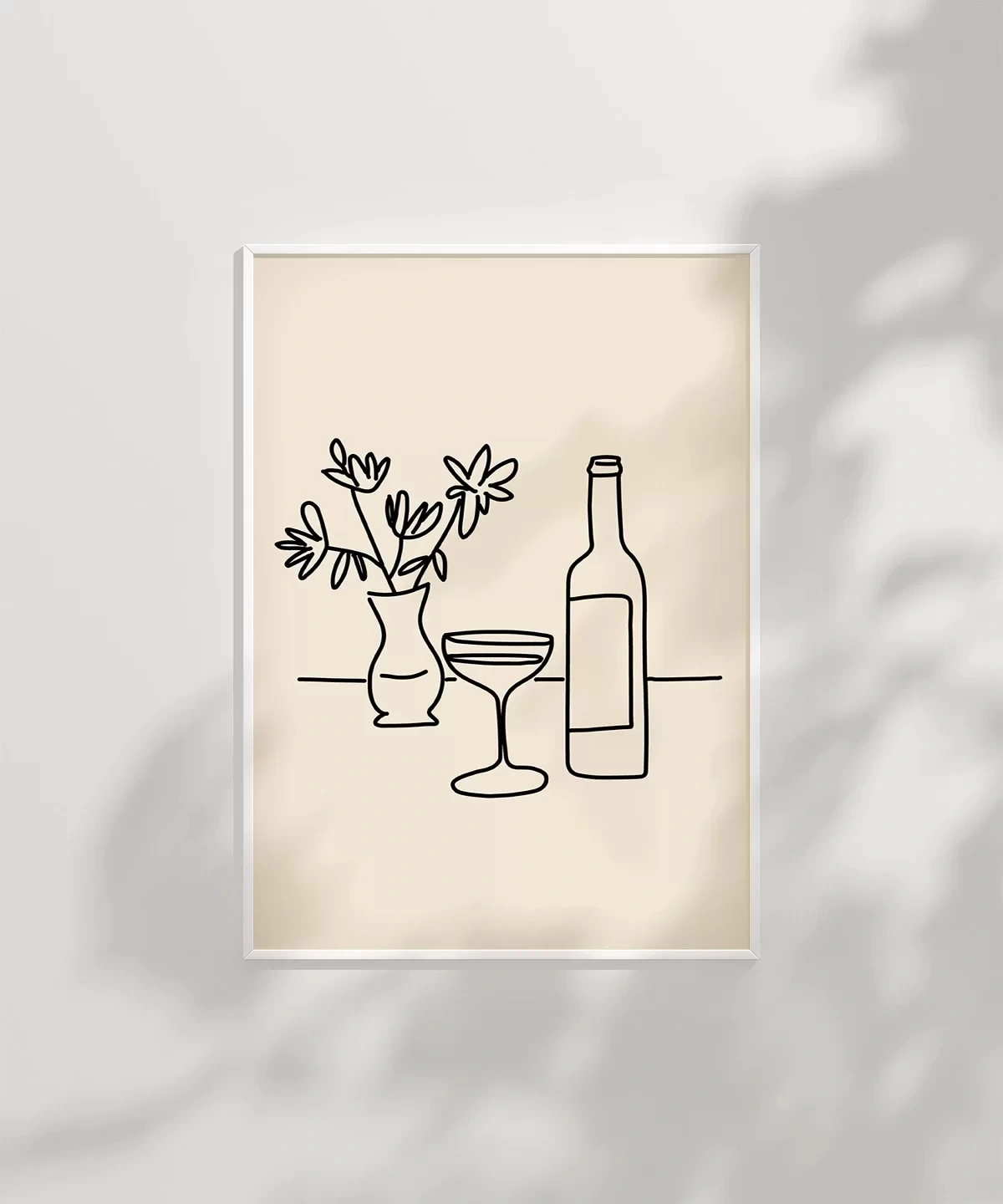 Çerçevesiz Poster Şarap Şişesi ve Çiçek Vazosu Line Art