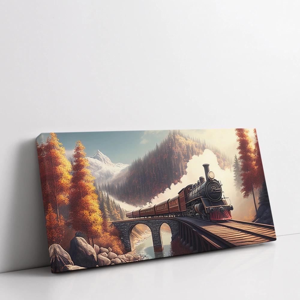 Sonbahar Treni Köprü Panoramik Yatay Kanvas Tablo