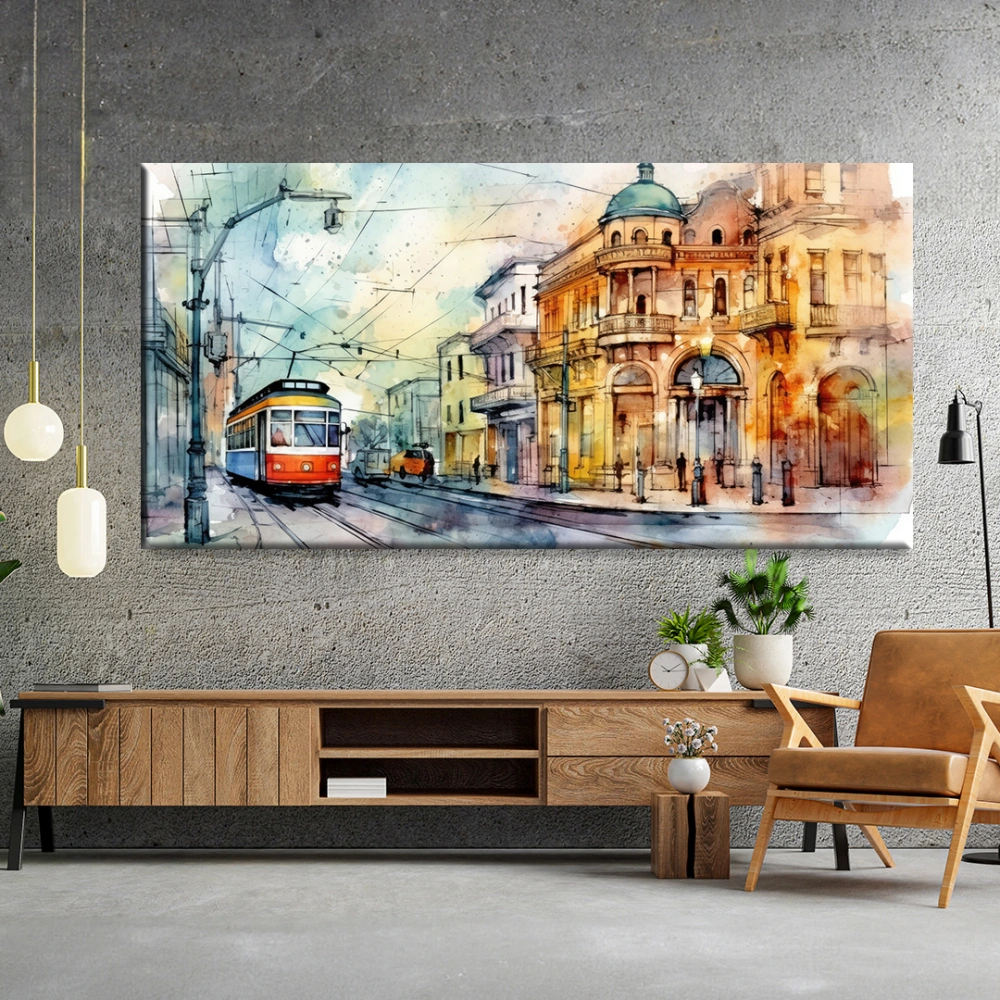 Yağmurlu Şehir Tramvayı Kanvas Tablo