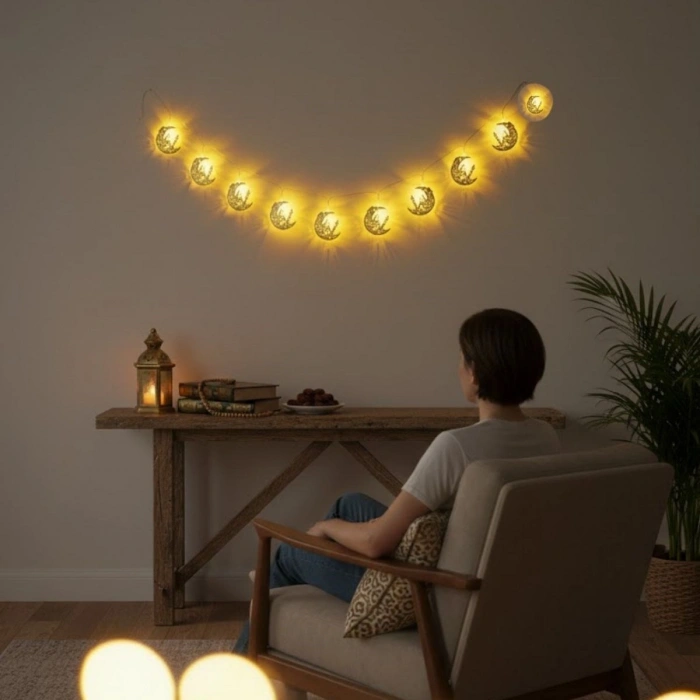 10 Adet Sarkıtlı Ramazan Hilal Üstü Cami Temalı LED Işık – Pilli 2 Metre Ramazan Süsü, İslami Dekorasyon, Ev ve Mekanlar İçin Dekoratif Ortam