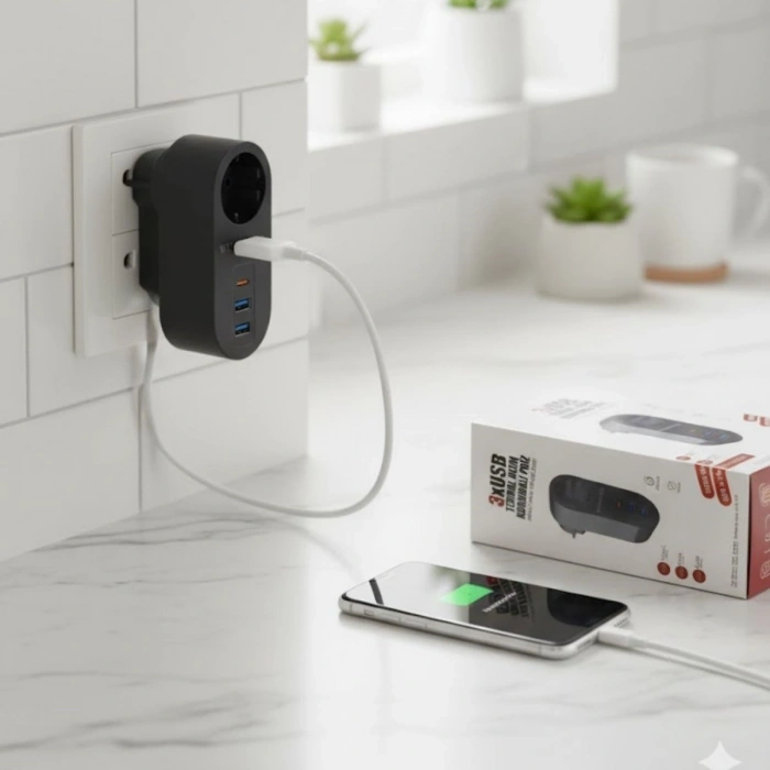 2 USB,1 TYPE-C Girişli 1li Çocuk Korumalı,Isıya Karşı Dayanıklı 2500Watt Termal Akım Korumalı Priz