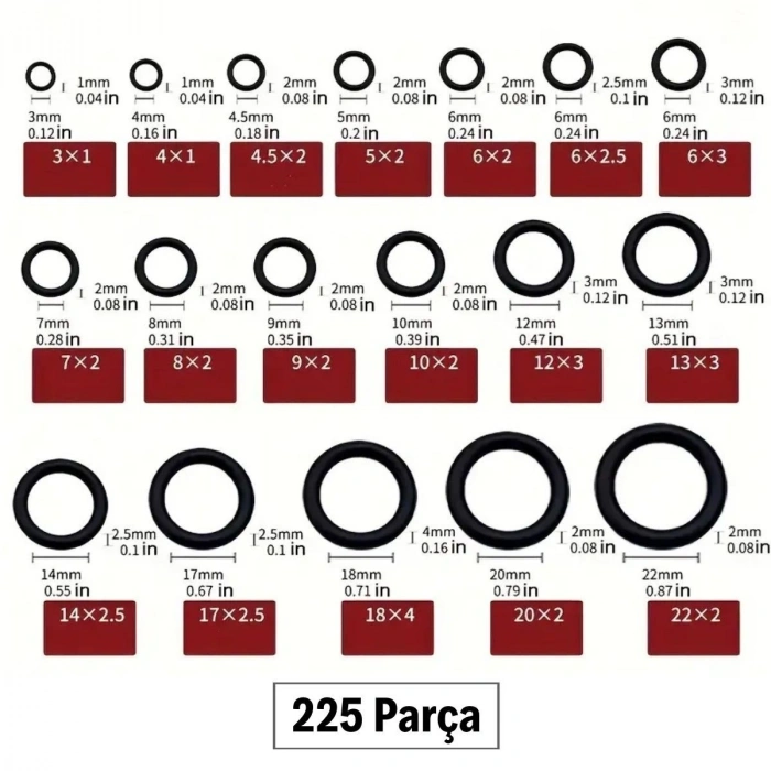 225 Parça Kauçuk Conta Seti ,Kendiliğinden Saklama Kutulu O Halkası Seti
