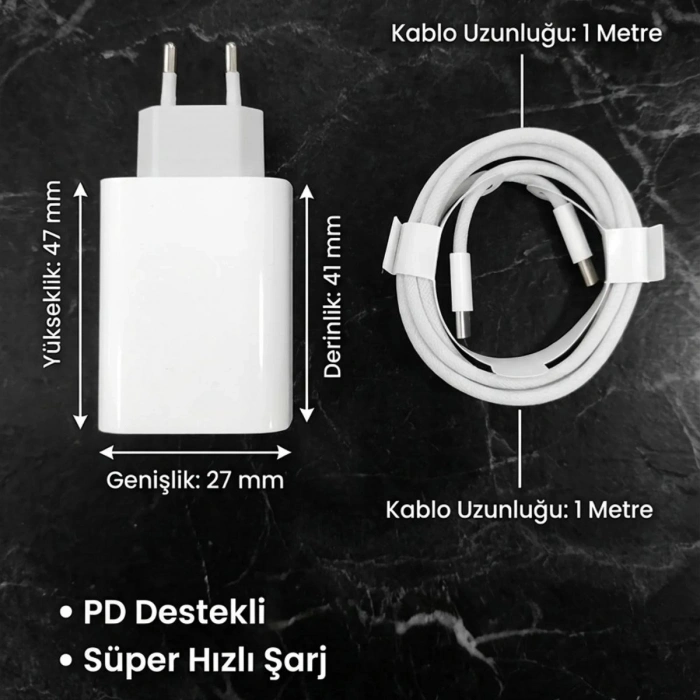 25W Hızlı Şarj Adaptörü USB-C to Type-C Kablolu – PD Destekli, Süper Hızlı Şarj Cihazı