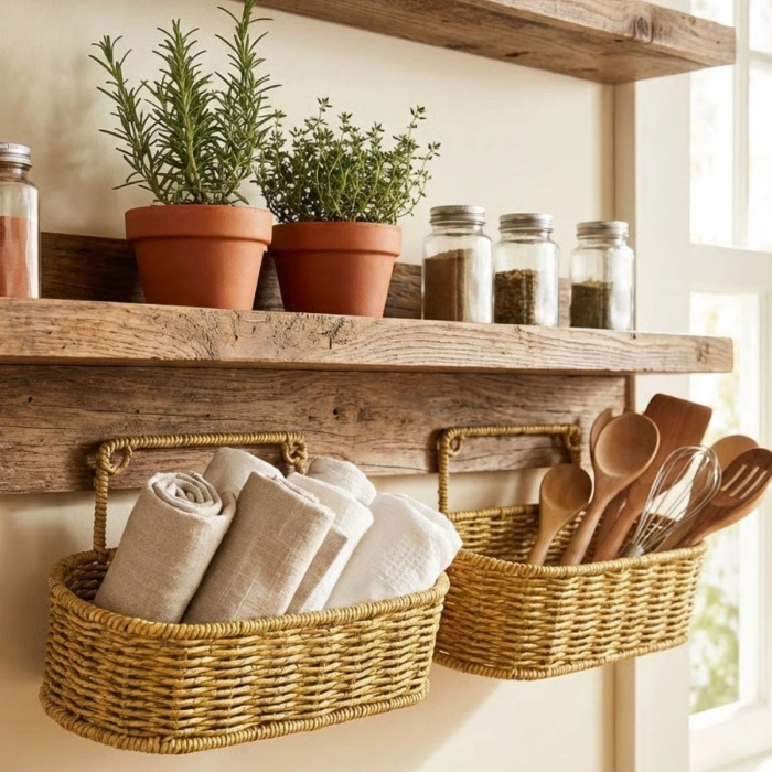 2’li Duvar Askılı Plastik Rattan Organizer – Oval Hasır Görünümlü Mutfak Raf Sepeti, Banyo ve Ev İçi Düzenleme Ünitesi