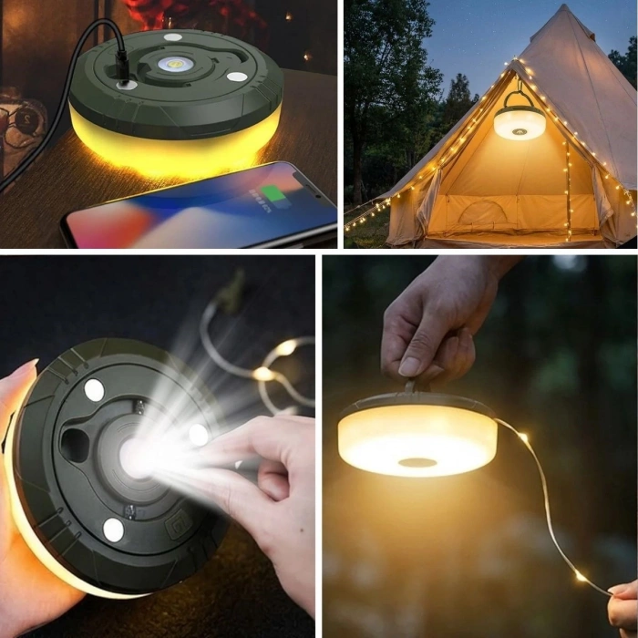 2’si 1 Arada 5 Farklı Işık Modlu Gün Işığı Şarjlı Kamp Lambası ve Makaralı 10 Metre Peri LED Işık – Su Geçirmez Mıknatıslı Aydınlatma Feneri