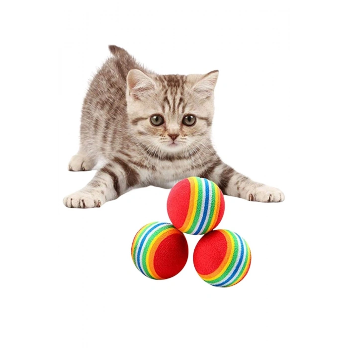 3lü Gökkuşağı Sünger Kedi Köpek Çiğneme Oyun Topu 4,2 cm