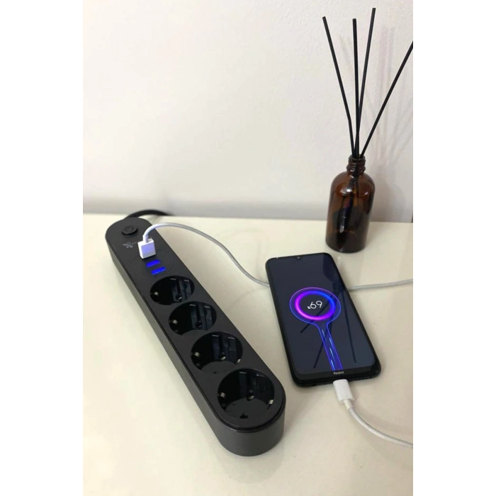 4lü Siyah Anahtarlı 3 USB Li Akım Korumalı Topraklı Çocuk Korumalı Grup Priz 2 Metre