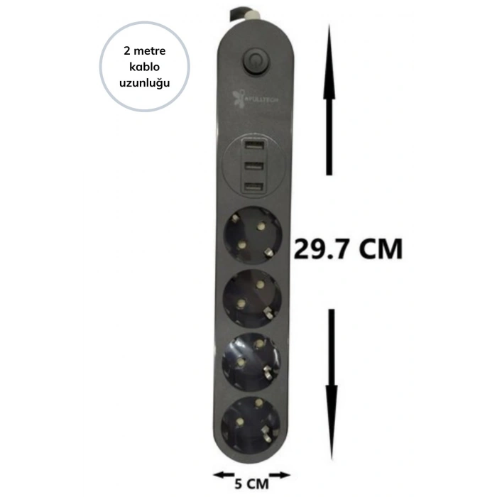 4lü Siyah Anahtarlı 3 USB Li Akım Korumalı Topraklı Çocuk Korumalı Grup Priz 2 Metre