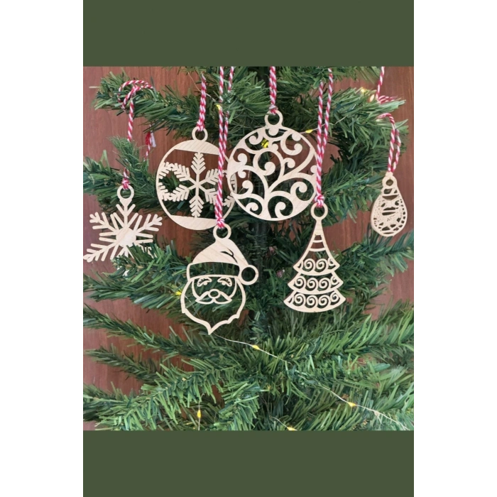 6 Parça Kırmızı Beyaz İpli Noel Babalı ve Kar Tanesi Model Ahşap Yılbaşı Ağaç Süsü