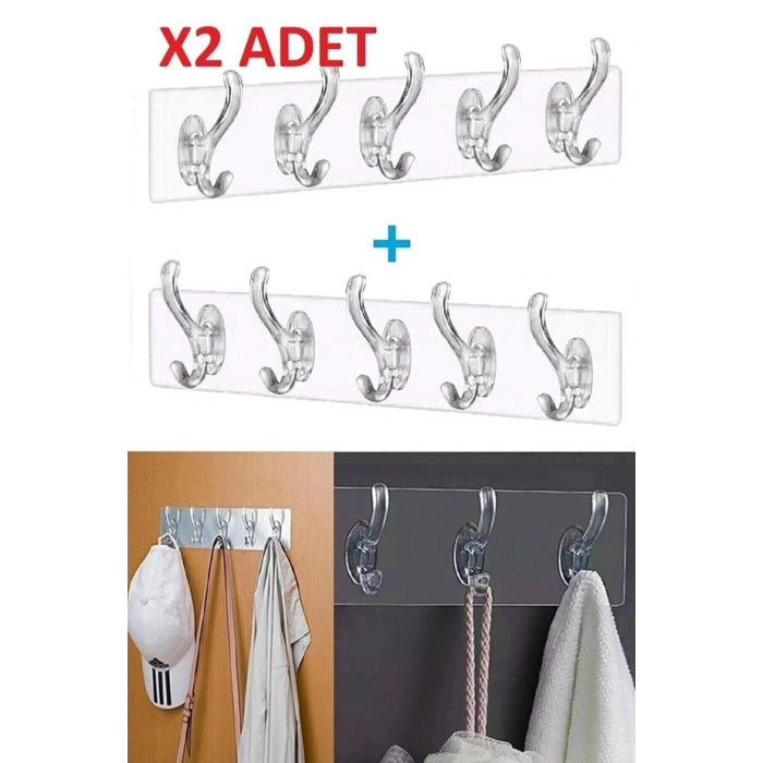 2 Adet Kendinden Yapışkanlı Güçlü Şeffaf 5li Askılık - Kapı Arkası Mutfak Duvar Banyo