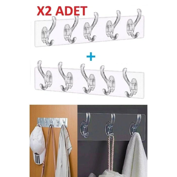 2 Adet Kendinden Yapışkanlı Güçlü Şeffaf 5li Askılık - Kapı Arkası Mutfak Duvar Banyo