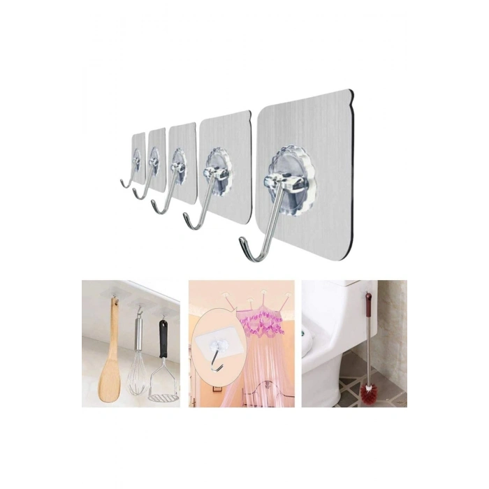 ® Süper Güçlü Yapışkanlı Suya Dayanıklı Şeffaf Askı 5li Set Yeniden Kullanılabilir Kancalar