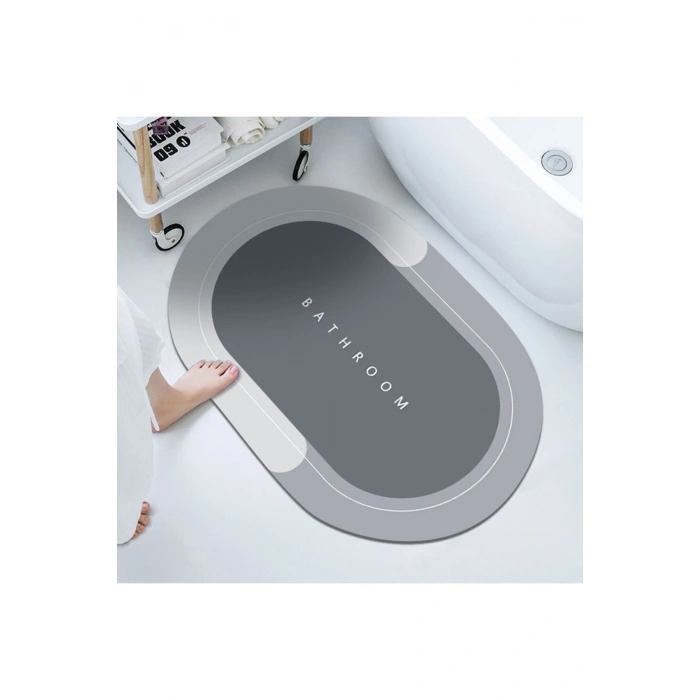 Bathroom 40x60 Oval Süper Su Emici Banyo Paspası Abdest Paspası Kaymaz Taban Gri Renk