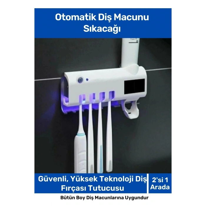 Pratik Usb Şarjlı Ve Güneş Enerjili Otomatik Diş Macunu Sıkacağı 4 Adet Diş Fırçalığı Tutucu