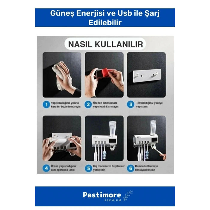Pratik Usb Şarjlı Ve Güneş Enerjili Otomatik Diş Macunu Sıkacağı 4 Adet Diş Fırçalığı Tutucu