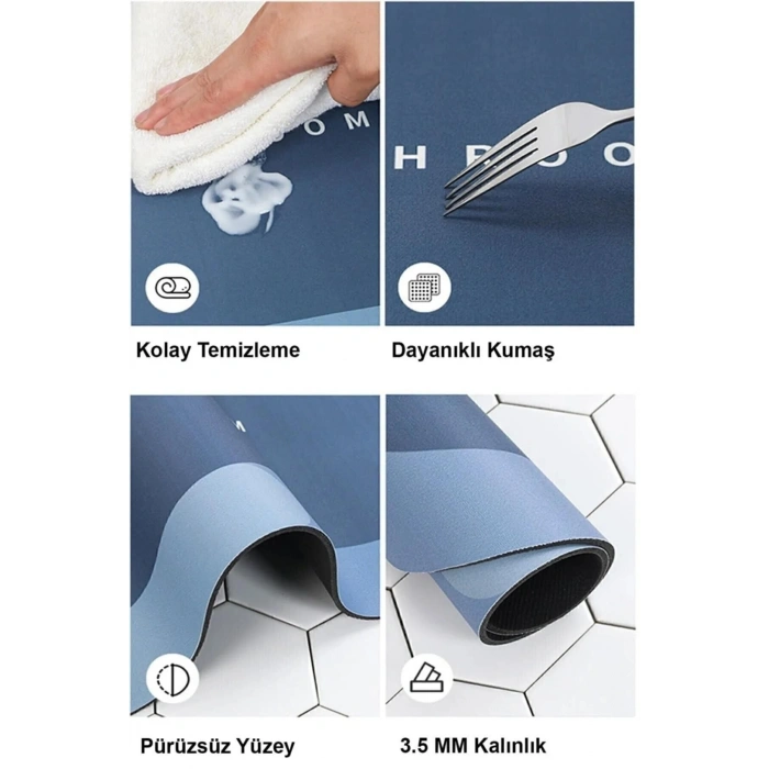 Sihirli Su Emici Banyo Paspası Kaymaz Tabanlı Abdest Paspası 3,5 Mm 40x60 Gri