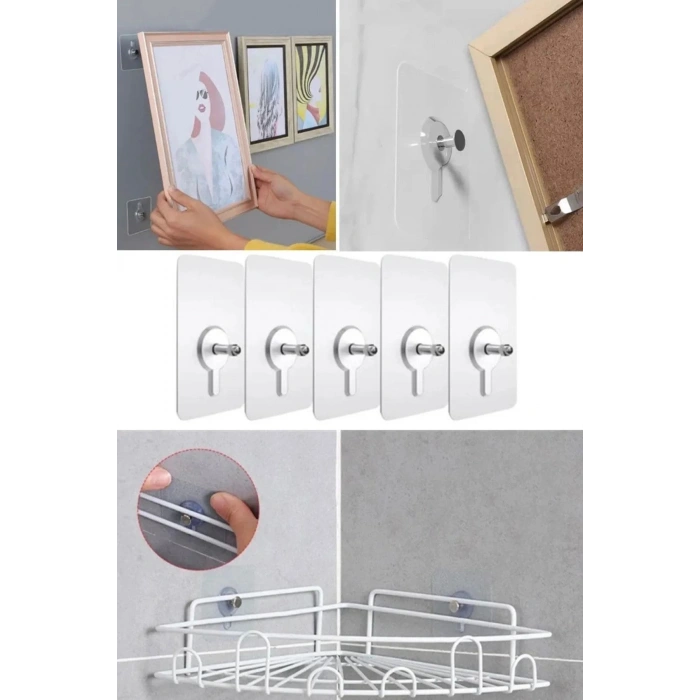 Osso 5 Adet Yapışkanlı Duvar Vida Kancaları Şeffaf Raf Duvar Tablo Askıları Mutfak Banyo Organizer