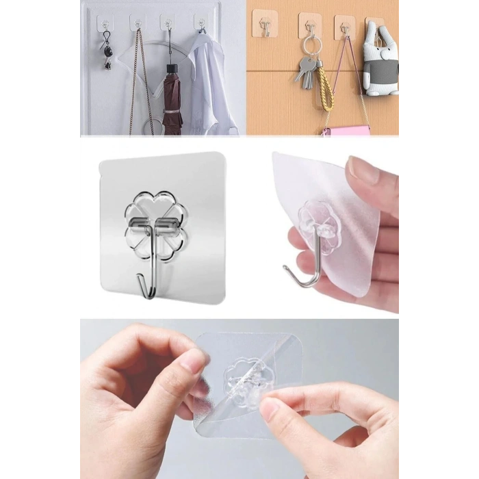 Aveo 8 Adet Yapışkanlı Şeffaf Askılık-güçlü Yapışkanlı Duvar ,kapı Arkası,mutfak,banyo Askısı