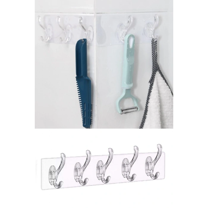 Osso 5li Tek Parça Kendinden Yapışkanlı Suya Dayanıklı Şeffaf Kancalı Askı Banyo Askısı Organizer