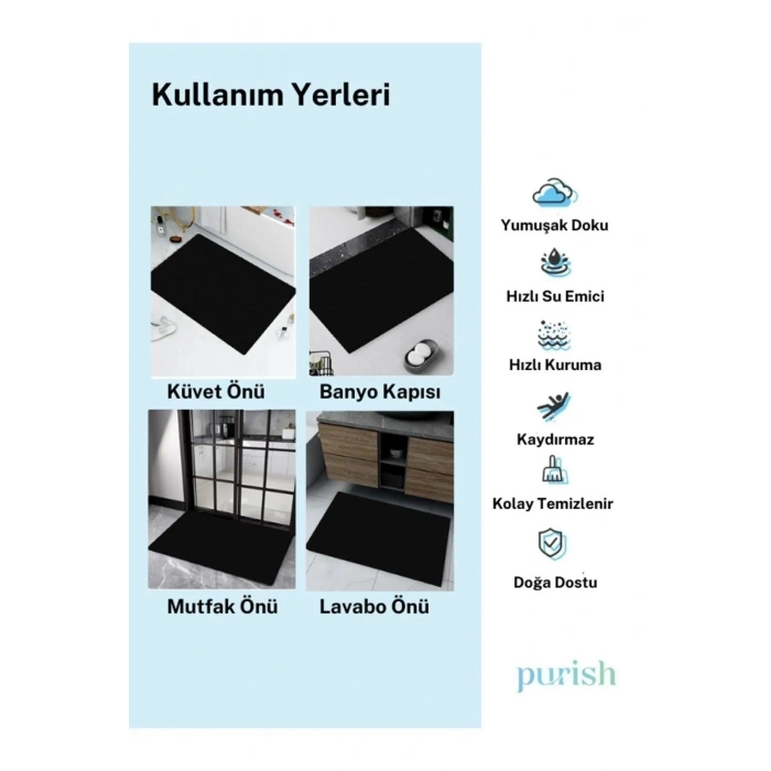 Sihirli Su Emici Banyo Paspası Kaymaz Tabanlı Abdest Paspası Gri Renk