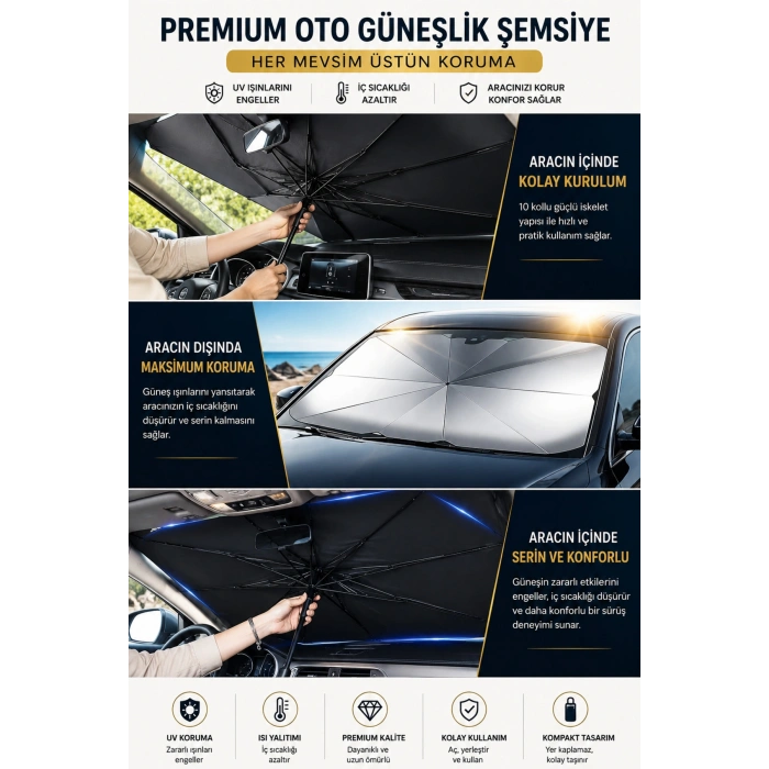 Araç Ön Cam Güneşliği Katlanabilir Şemsiye Oto Güneşlik UV Korumalı Gölgelik Araba Oto Şemsiyesi