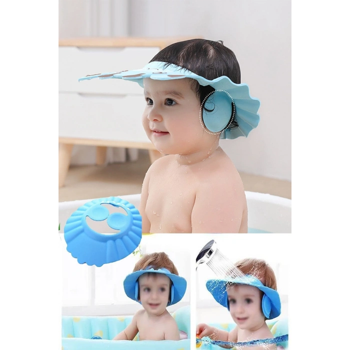 Bebek Banyo Şapkası Düğmeli Kulaklıklı 0-6 Yaş Çocuklar Için Şampuan Sabun Su Geçirmez Şapka