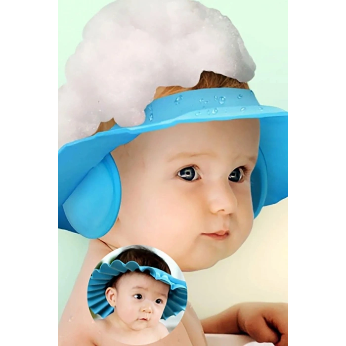 Bebek Banyo Şapkası Düğmeli Kulaklıklı 0-6 Yaş Çocuklar Için Şampuan Sabun Su Geçirmez Şapka