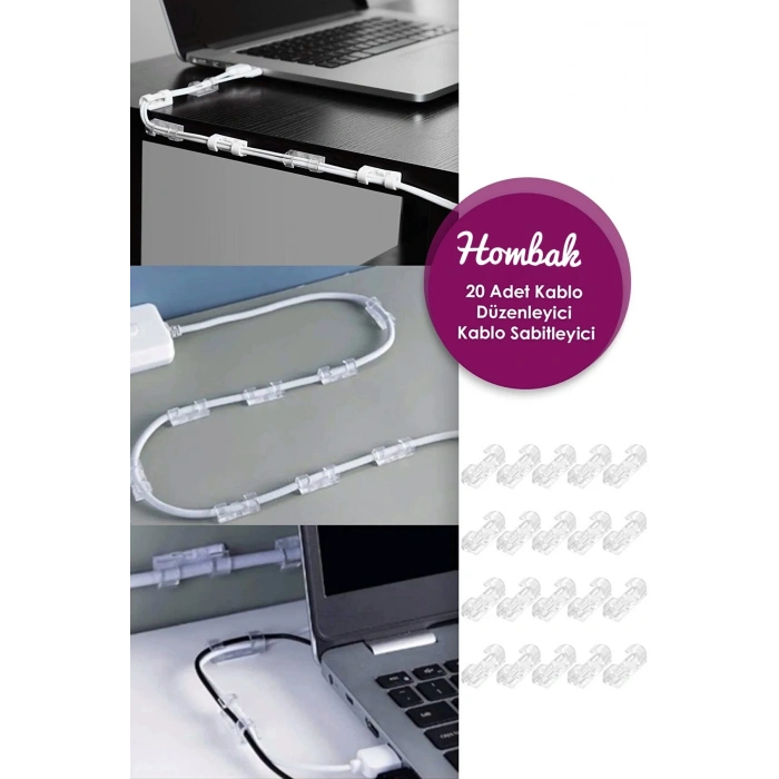 Yapışkanlı Mini 20li Klips Usb Pc Adaptör Kablo Tutucu Aparat Şeffaf Masa.kablo