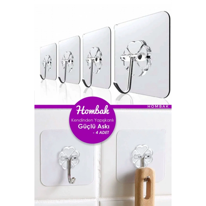 Pratik 4 Adet 6x6cm Şeffaf Güçlü Kendinden Yapışkanlı Kapı Duvar Askıları
