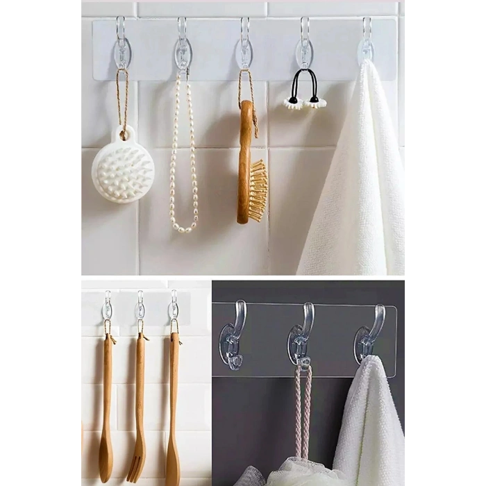 5li Kendinden Yapışkanlı Güçlü Şeffaf Askılık - Kapı Arkası Mutfak Duvar Banyo Askı