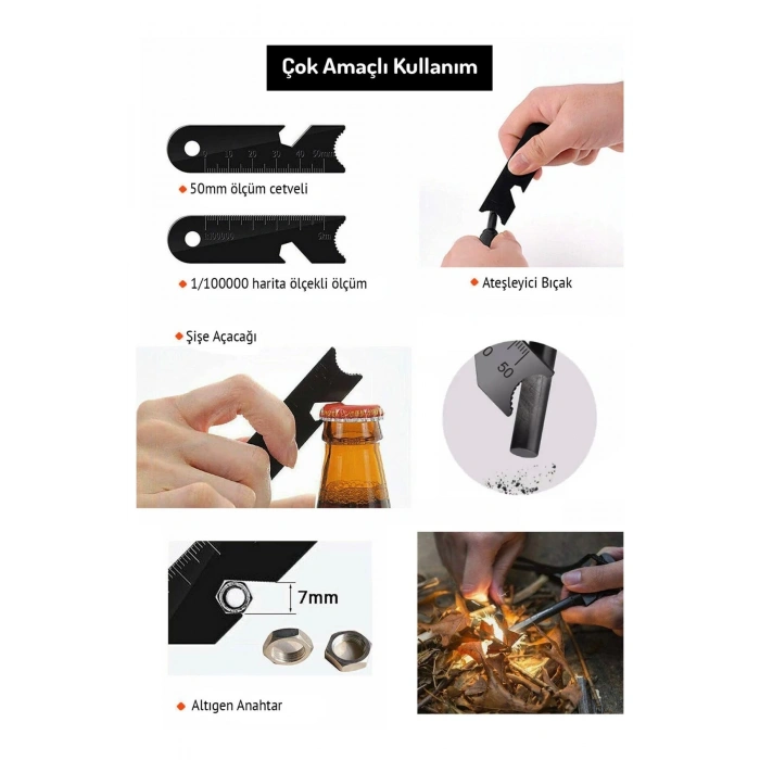 Acil Durum Magnezyum Çubuk Çakmaktaşı Hayatta Kalma Ateş Başlatıcı Çakmak Kiti Düdük Hediyeli (4172)